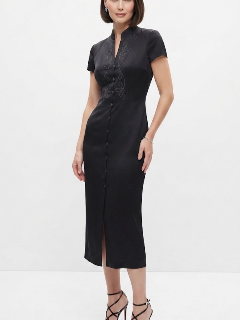 Vintage 90th All that Jazz Black Midi Dress with Mandarin Collar